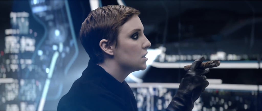 Lena Dunham appeared briefly in some leather gloves and heavy eye makeup.