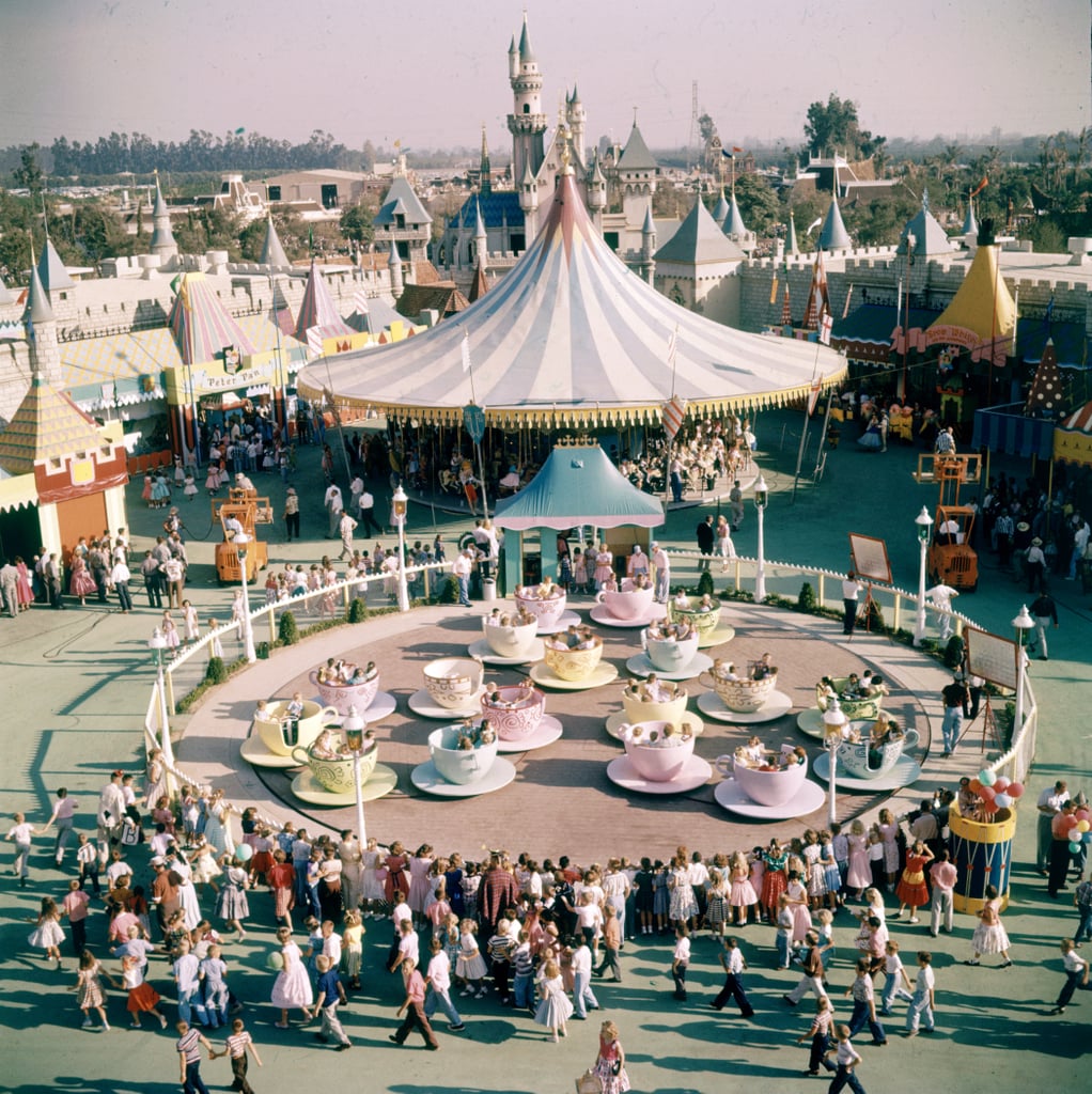 This aerial shot shows Disneyland parkgoers waiting for the Mad Tea Party ride in Fantasyland.
