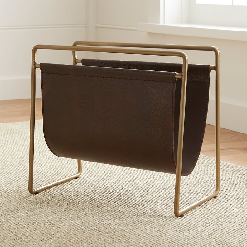 For the Magazine Collector: Galen Brass Leather Magazine Rack