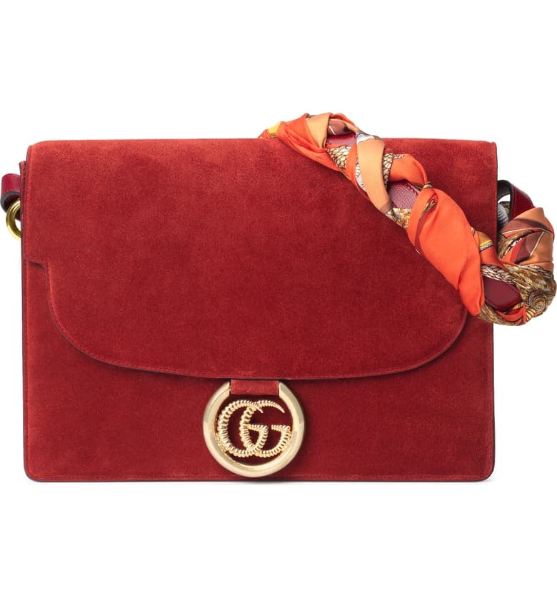 Gucci Medium GG Ring Suede Shoulder Bag With Horse & Tassel Foulard Scarf