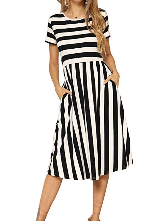 Levaca Casual Short Sleeve Striped Swing Midi Dress With Pockets