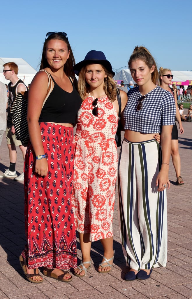 Don't let these looks deceive you. These three pals all opted for ultra-wide-legged pants, not skirts or dresses, when putting together their festival looks.