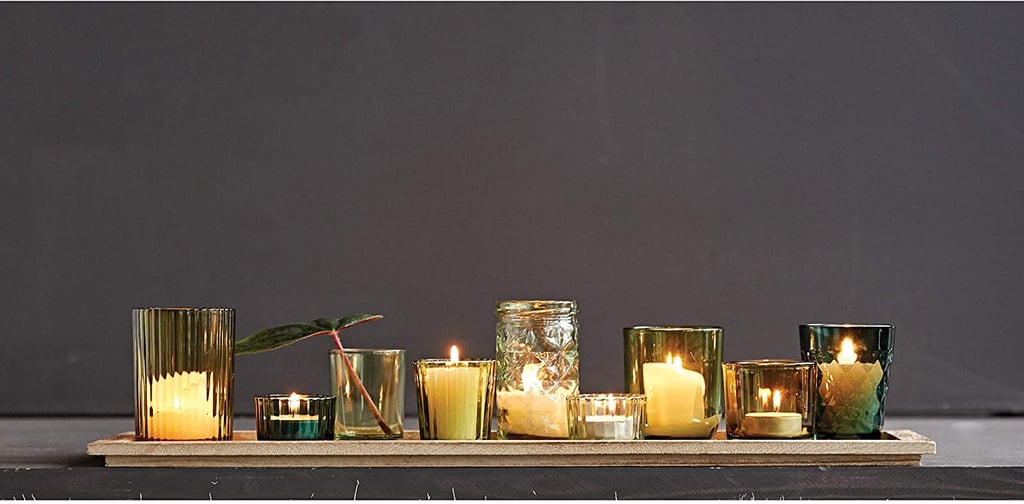 For Decor: Creative Co-Op Natural Wood Tray with 9 Unique Glass Votive Candle Holders