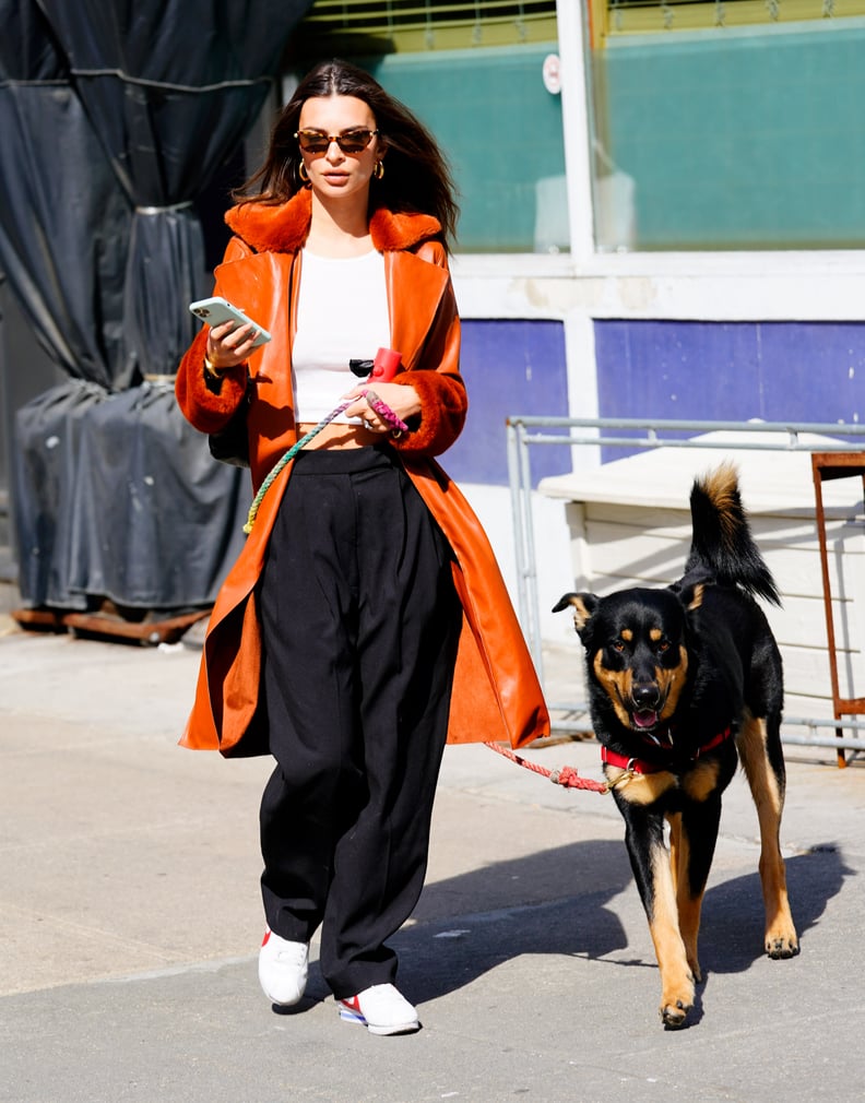 Emily Ratajkowski Wearing a Faux-Fur Vegan Leather Coat in NYC