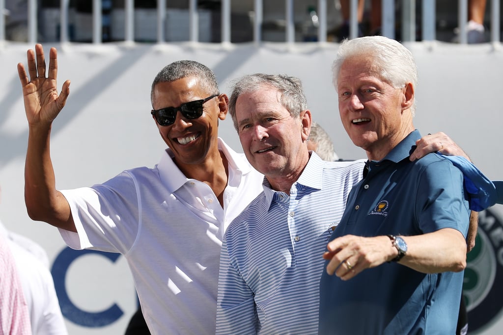 Barack kicked back with George W. Bush and Bill Clinton at the Presidents Cup at Liberty National Golf Club in New Jersey in September.