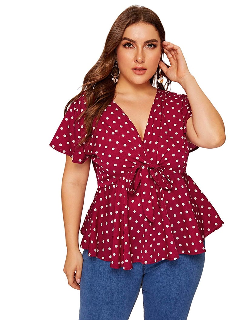 Romwe Polka Dot Knot-Front Top