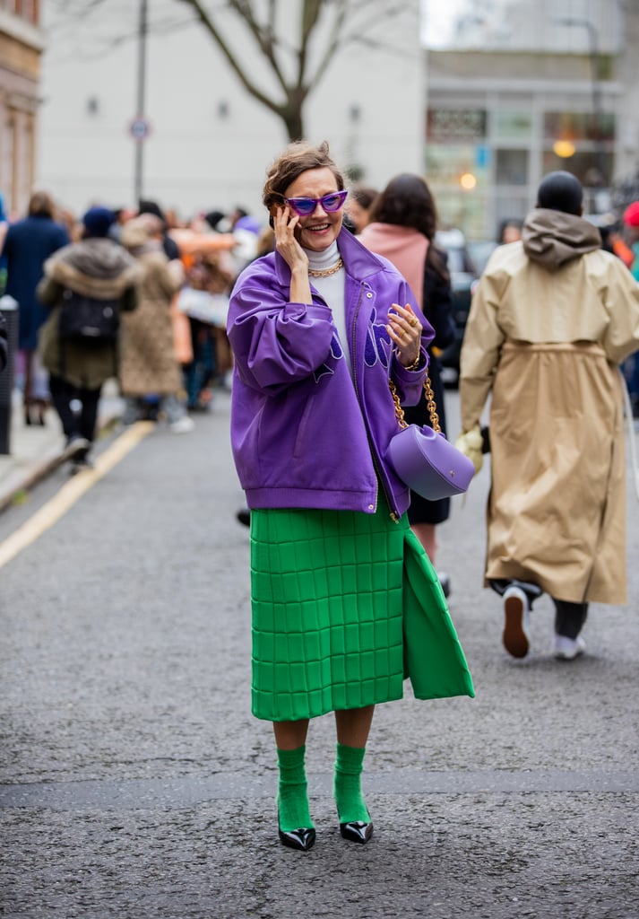 Kelly green is one of fashion's favourite colours for 2022, and purple is its perfect accompaniment.