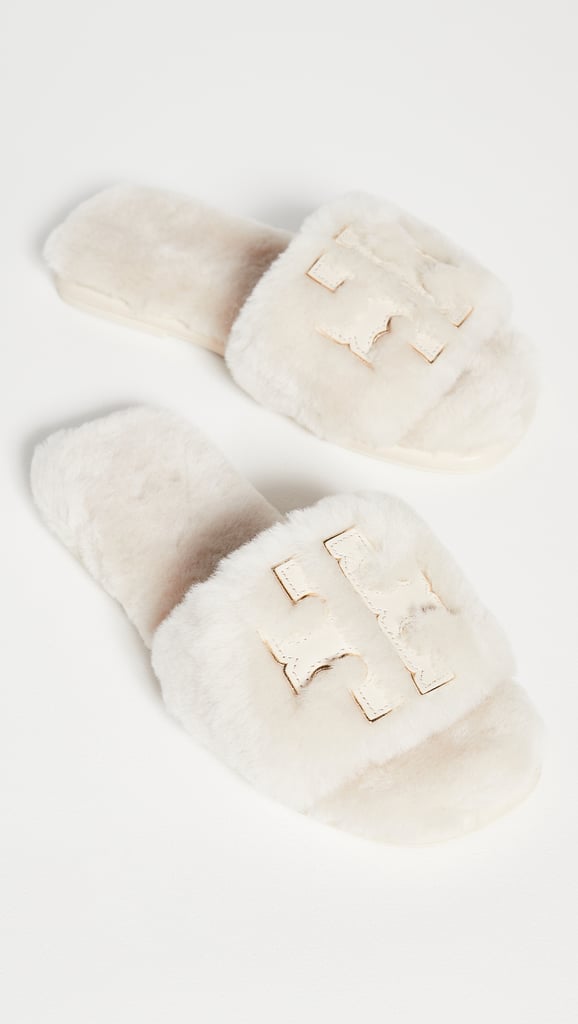 Fuzzy Slippers: Tory Burch Double T Shearling Slides