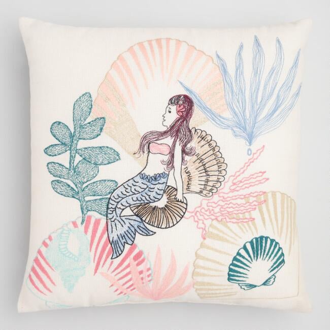 Embroidered Mermaid Indoor Outdoor Throw Pillow