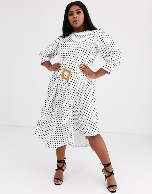 ASOS Curve Printed Midi Tea Dress With Asymmetric Skirt and Woven Buckle