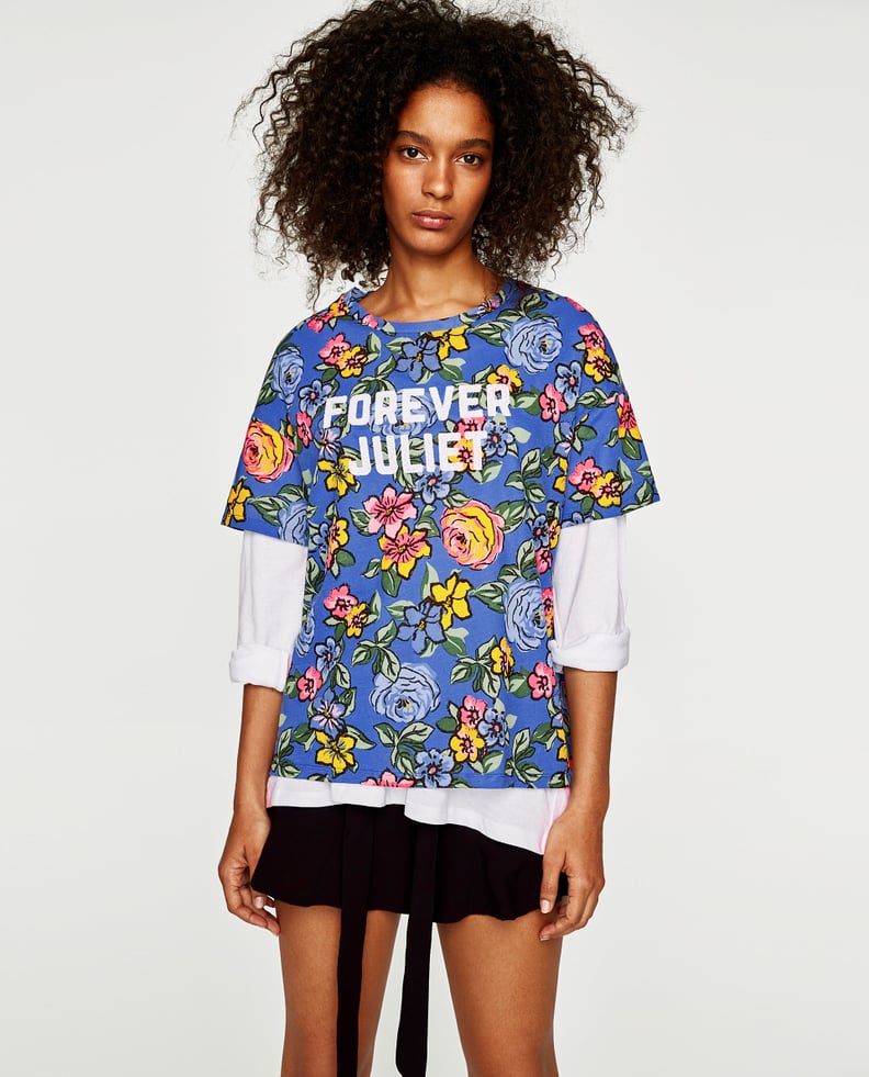 Zara Floral Print T-Shirt With Slogan