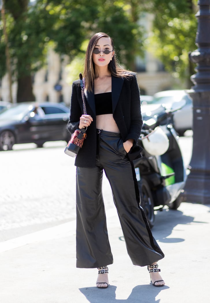 An after-work-hours outfit that consists of a bandeau top, blazer ...