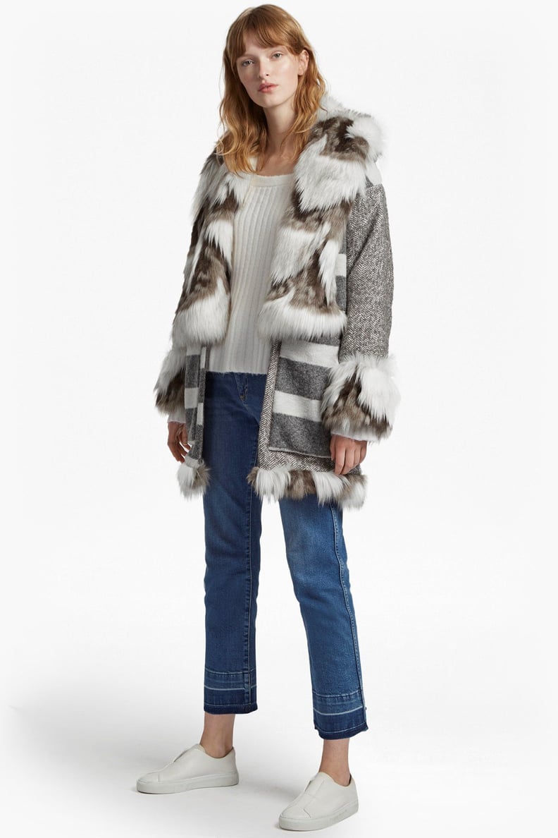 French connection faux fur collar belted wool coat with bib store