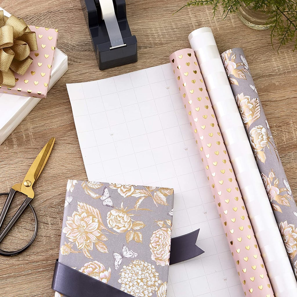 Something Romantic: Hallmark Premium Wrapping Paper with Gold Hearts, Rose Flowers, White Stripes