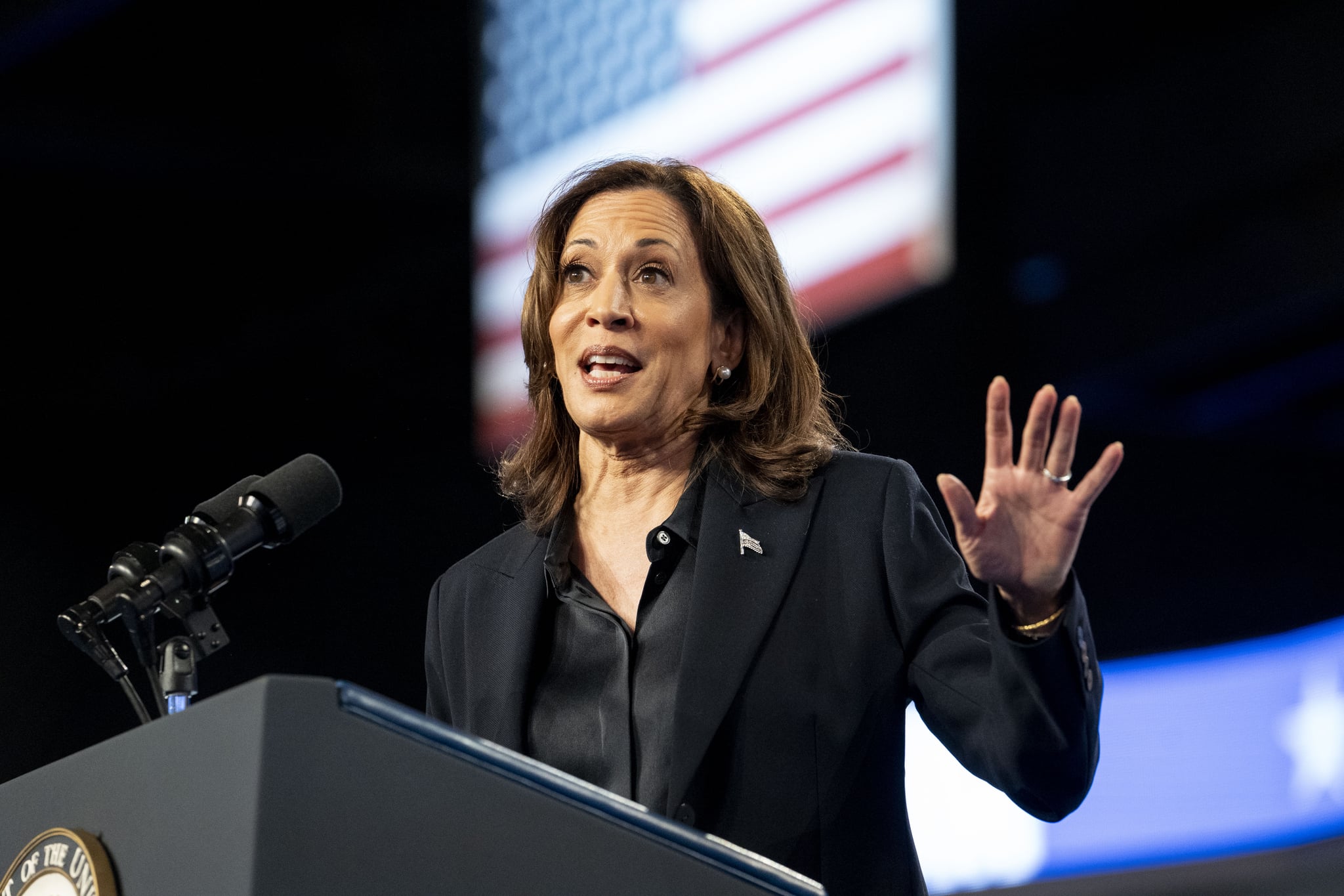 US Vice President Kamala Harris spoke during a campaign event in Flint, Michigan, US, wearing a black blazer in front of an American flag.