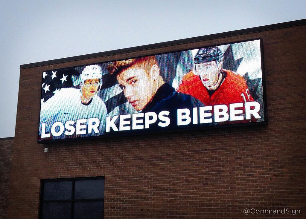 #LoserKeepsBieber: During the men's hockey semifinal of the Sochi Olympics, Team USA played Team Canada, and a Chicago billboard added new stakes to the game with its #LoserKeepsBieber billboard.
#DeportBieber: Following Justin's January 2014 legal troubles, there was a petition to deport him, which the White House responded to, saying, "Sorry to disappoint, but we won't be commenting on this one."