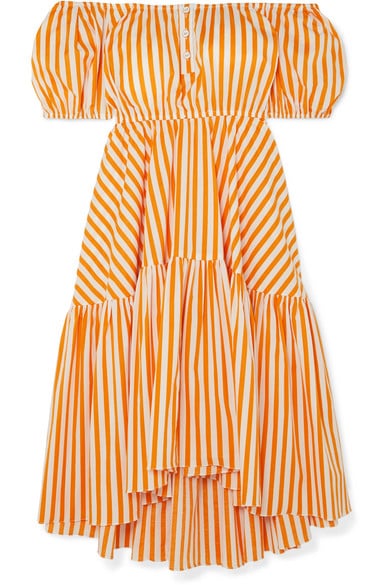 Caroline Constas Bardot Off-The-Shoulder Striped Cotton-Blend Midi Dress