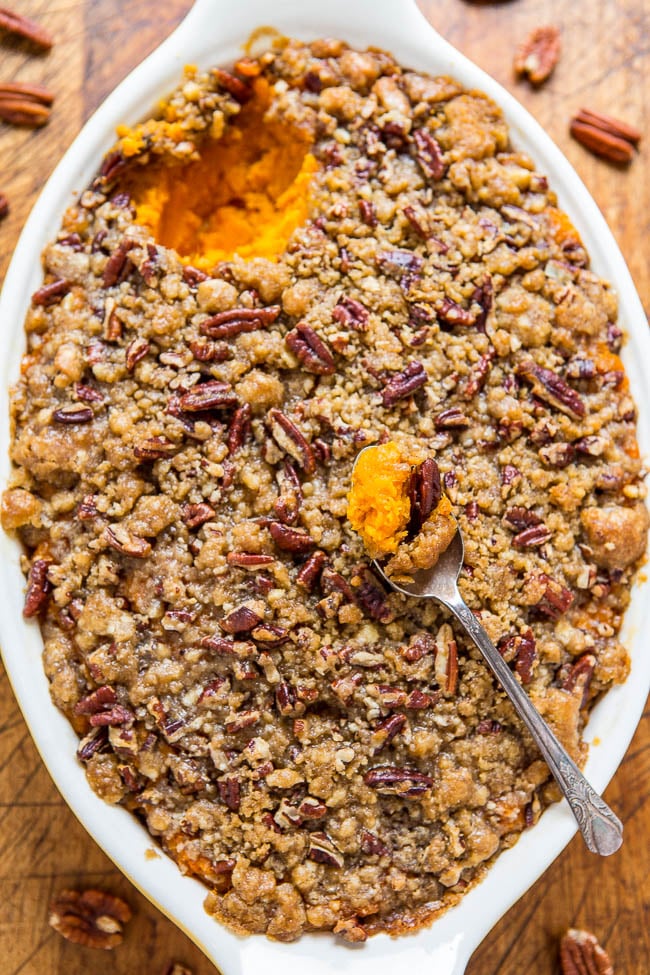 Sweet Potato Casserole With Butter Pecan Crumble Topping