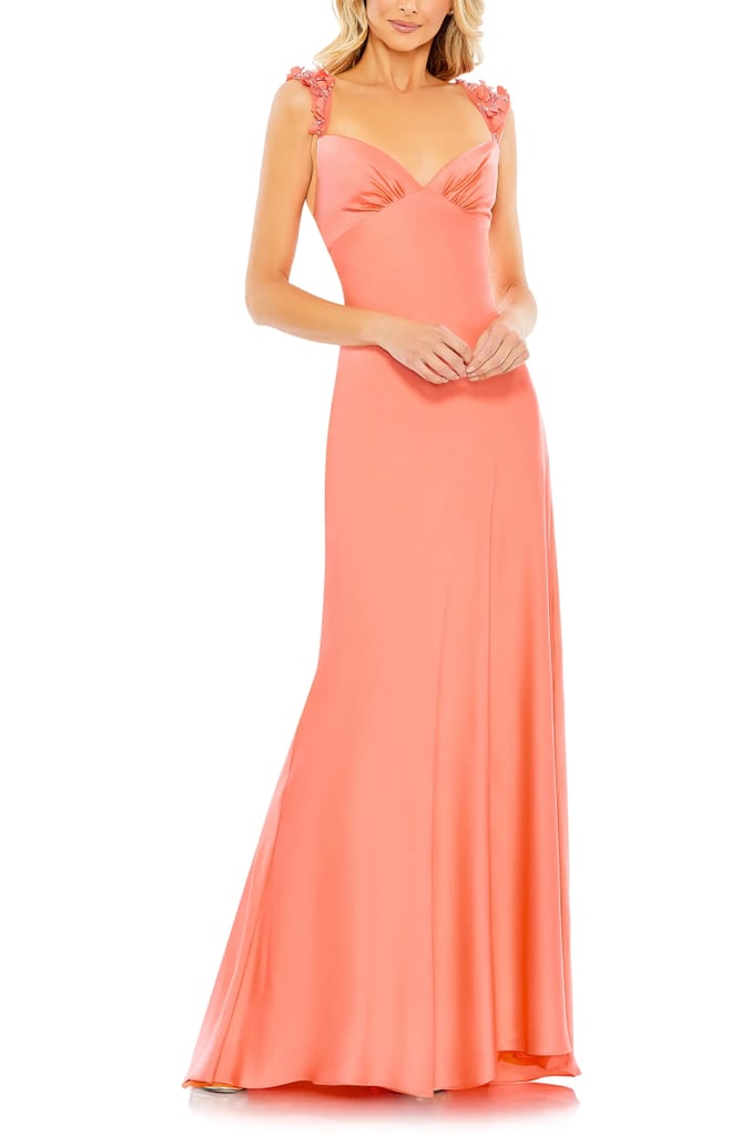 A Coral Gown: Mac Duggal Appliqué Satin Sheath Gown