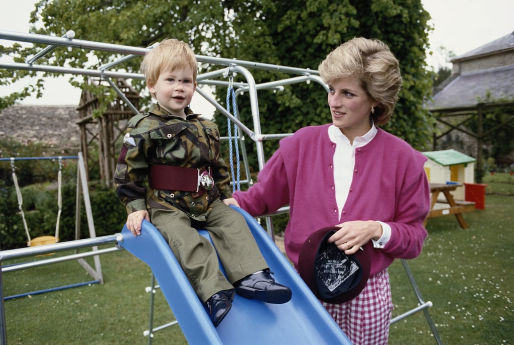 Harry enjoyed some playtime in the garden of Highgrove House in July 1986.