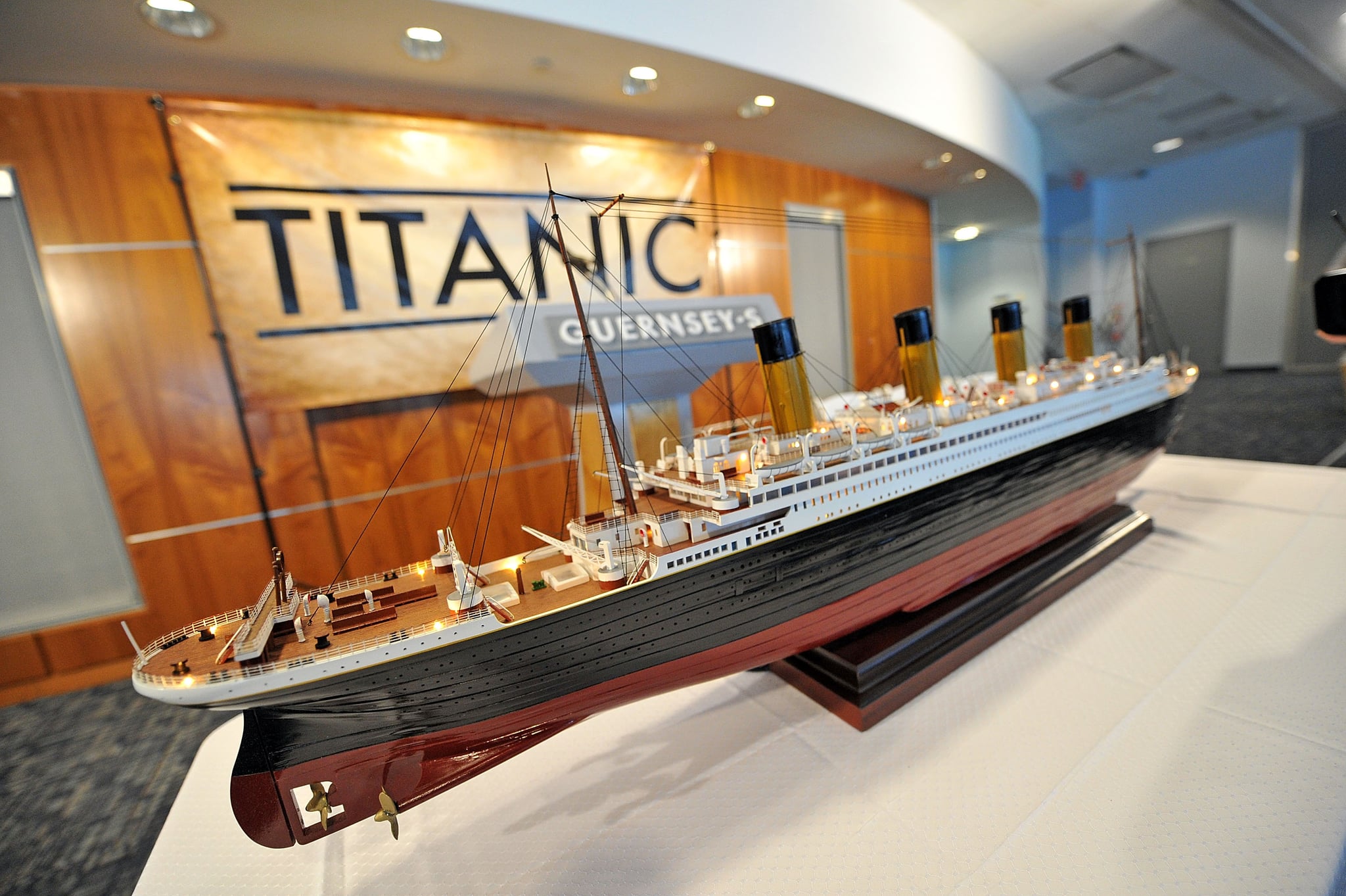 NEW YORK, NY - JANUARY 05:  A scale model of the RMS Titanic on display at the Titanic Auction preview at the Intrepid Sea-Air-Space Museum on January 5, 2012 in New York City.  (Photo by Mike Coppola/Getty Images)