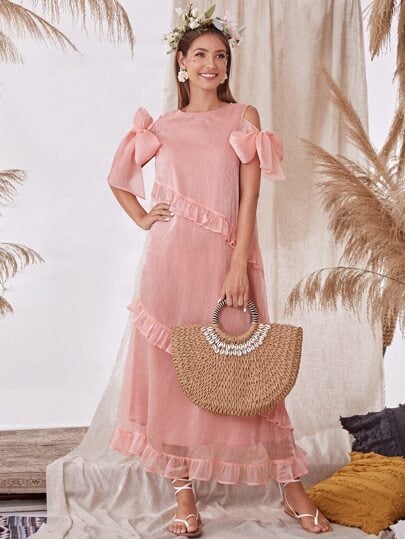 Shein Knot Detail Ruffle Trim Organza Overlay Dress