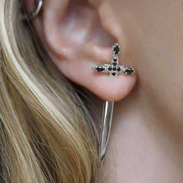 Regal Rose Slay Black Spinel Silver Dagger Single Earring