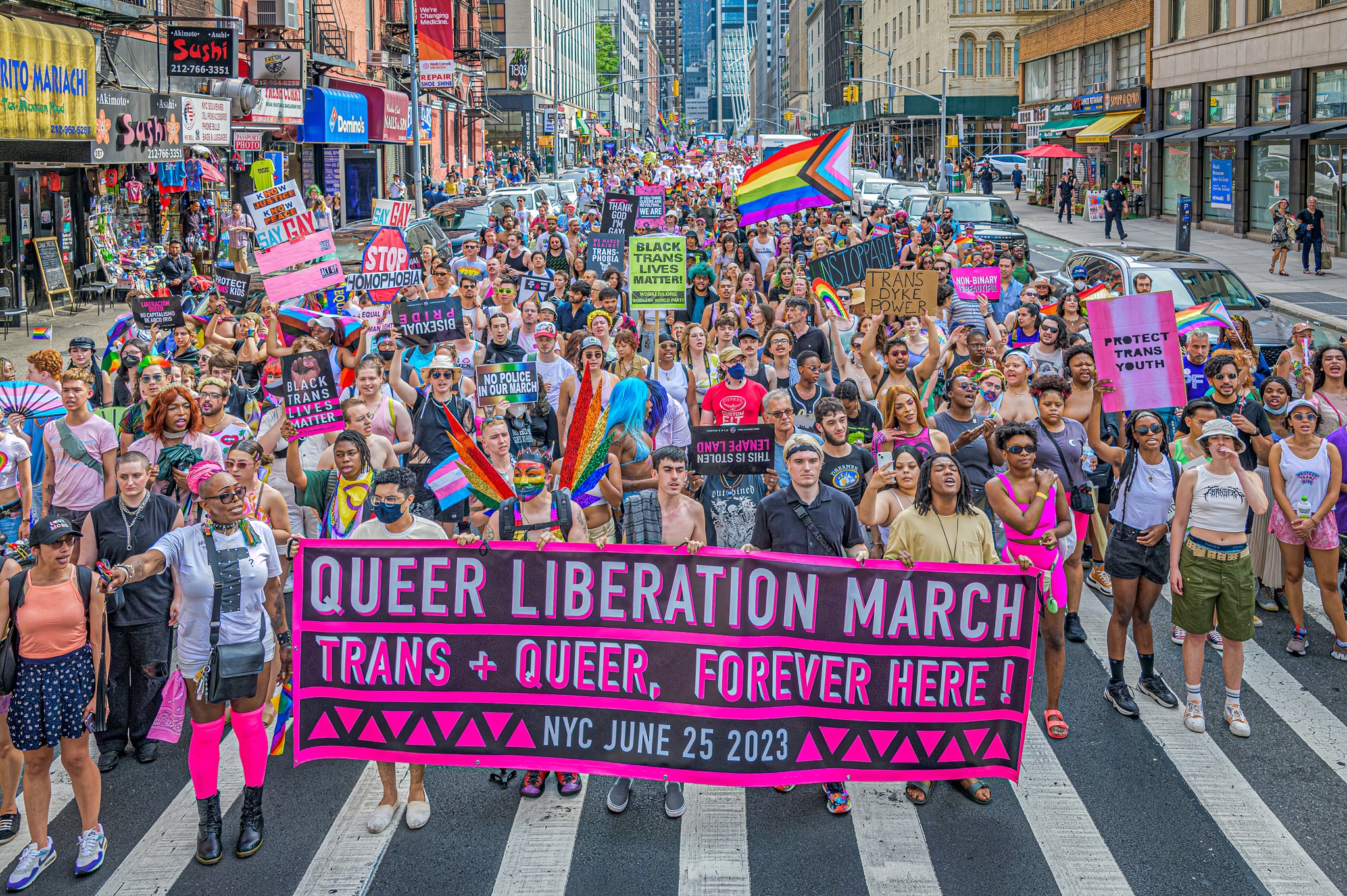 MANHATTAN, NEW YORK, UNITED STATES - 2023/06/25: Participants seen holding a banner at the march. Thousands of New Yorkers took to the streets of Manhattan to participate on the Reclaim Pride Coalition's (RPC) fifth annual Queer Liberation March, where no police, politicians or corporations were allowed to participate. This year theme 