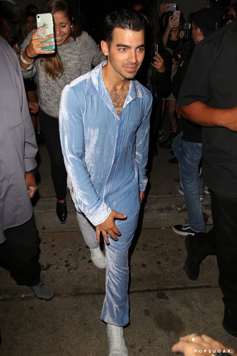 Joe Jonas Wearing a Blue Corduroy Suit at Craig's in West Hollywood