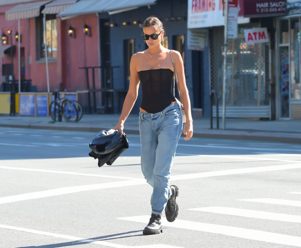 Irina Shayk Wearing Corset Top and Low-Rise Jeans in NYC