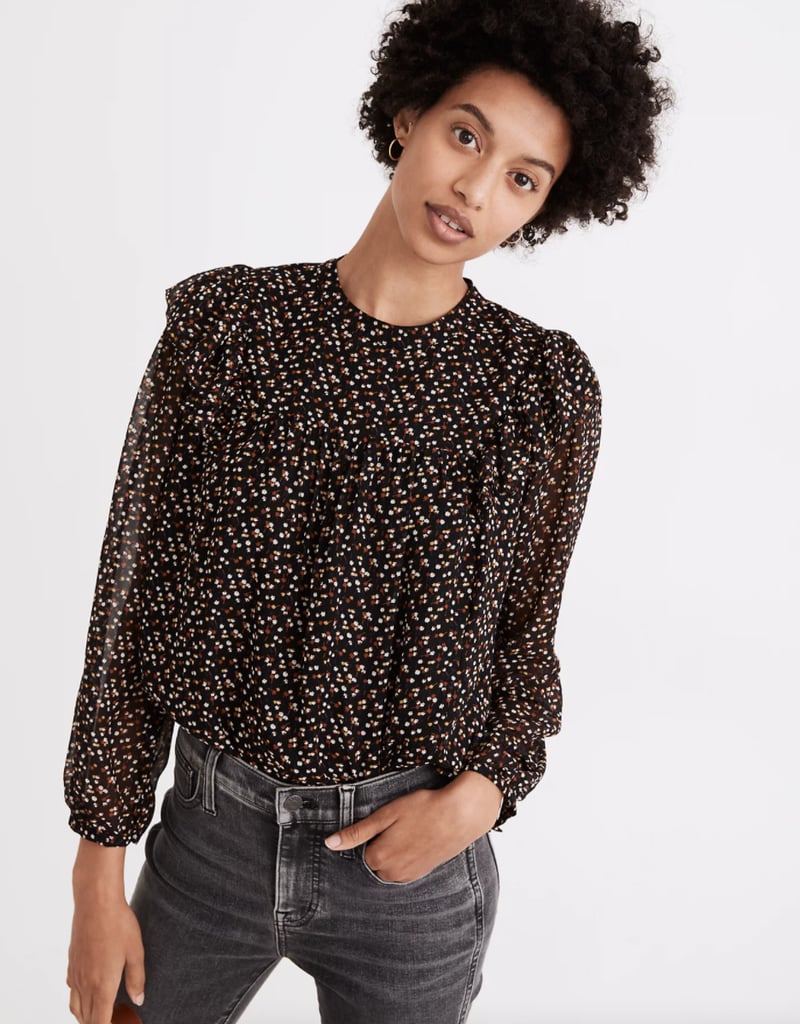 Madewell Georgette Mockneck Ruffle-Yoke Puff-Sleeve Top