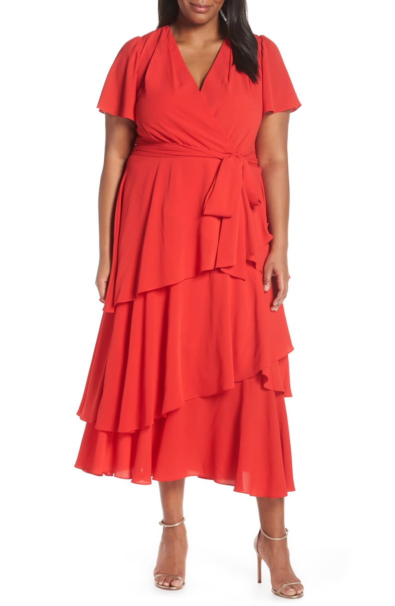 Tahari Tiered Faux Wrap Crepe Dress