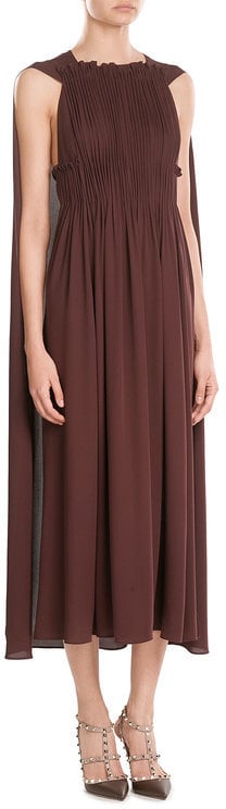 Valentino Midi-Length Pleated Silk Dress with Cape