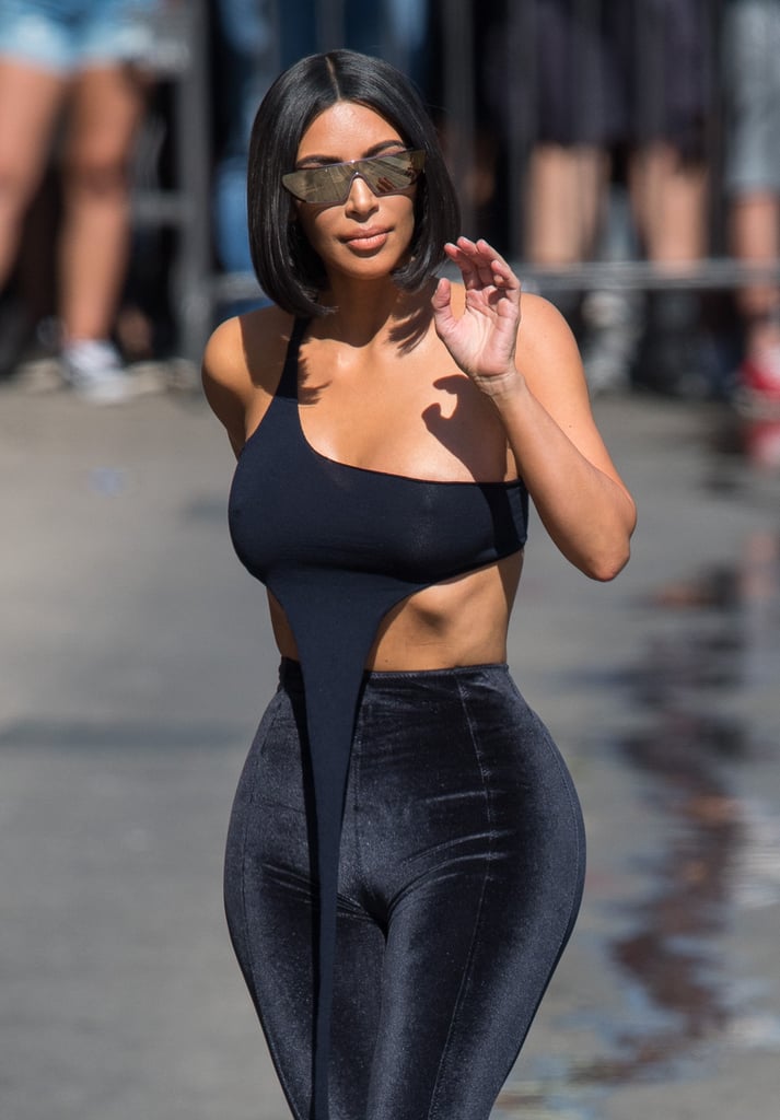 Kim Kardashian's Velvet Pants and Crop Top on Jimmy Kimmel
