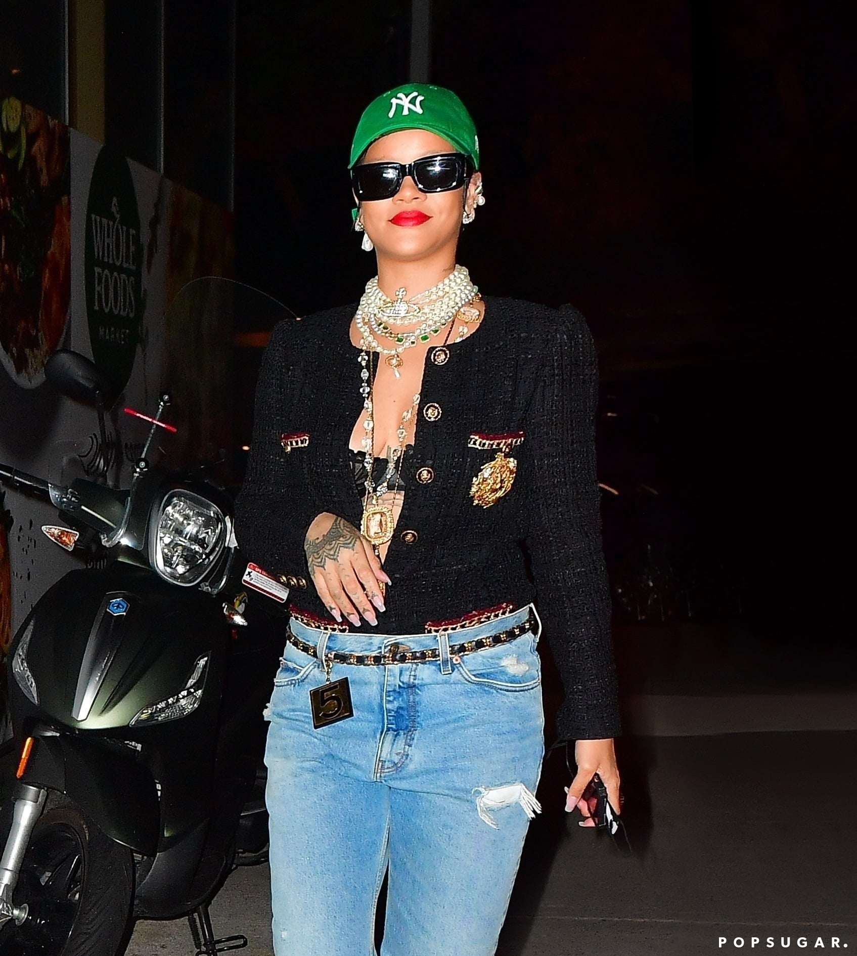 Rihanna's Pearl Necklaces, Baseball Cap & Jeans Outfit – Photos