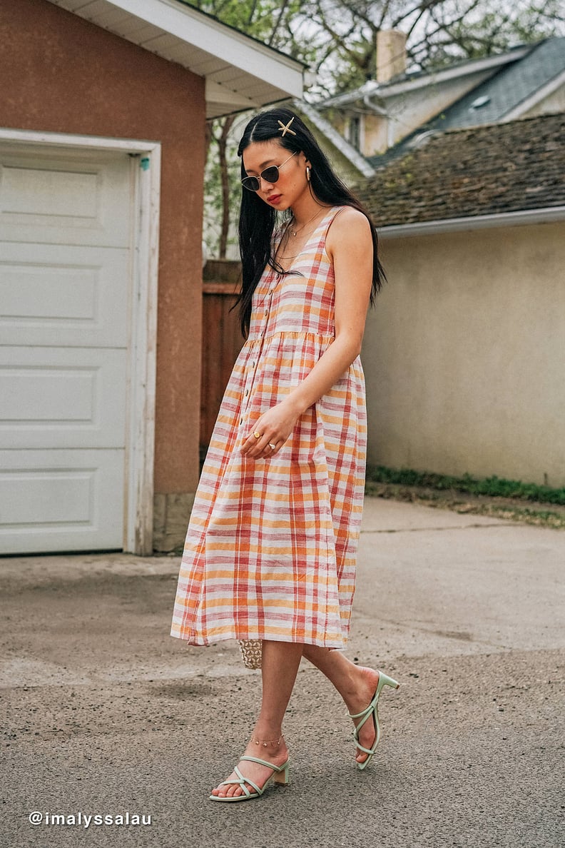 UO Liz Plaid Button-Front Babydoll Midi Dress