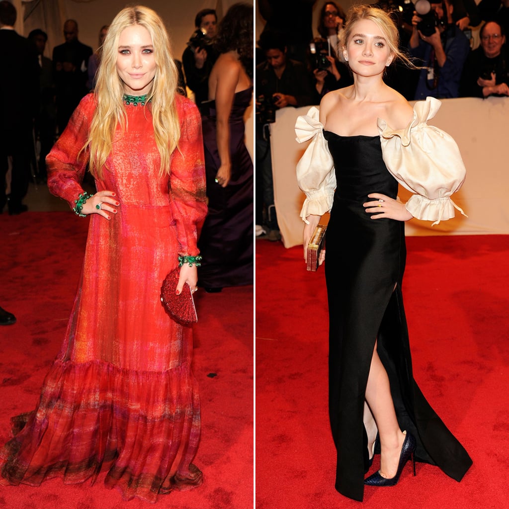 Twinning combo: At the 2011 Met Gala, the pint-size trendsetters opted for gowns with Spanish influence.

Mary-Kate revved up the red carpet in a red-and-green vintage Givenchy Couture selection with a coordinating Judith Leiber clutch. 
Ashley stunned in a dramatically sleeved vintage Christian Dior number, complete with thigh-high slit.