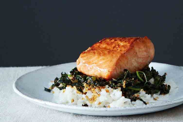Crispy Coconut Kale With Salmon and Rice