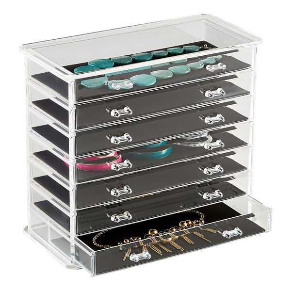 Caitlyn uses a transparent chest, like this Acrylic Cosmetic Organizer ($119), to store her products.
