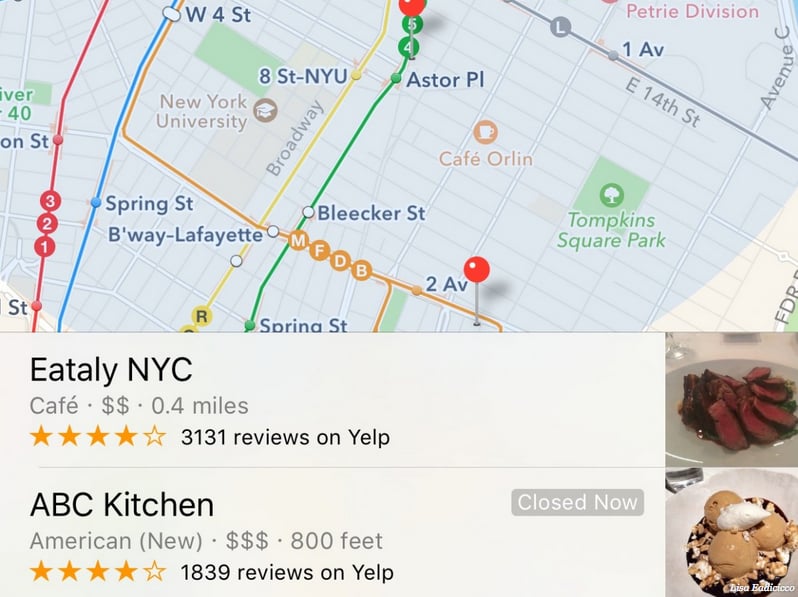Apple's virtual assistant also helps you find places you may want to visit before you even ask. The Siri Suggestions screen has a section called Nearby that offers up restaurants, coffee shops, shopping locations, and gas stations near you with accompanying Yelp reviews.
