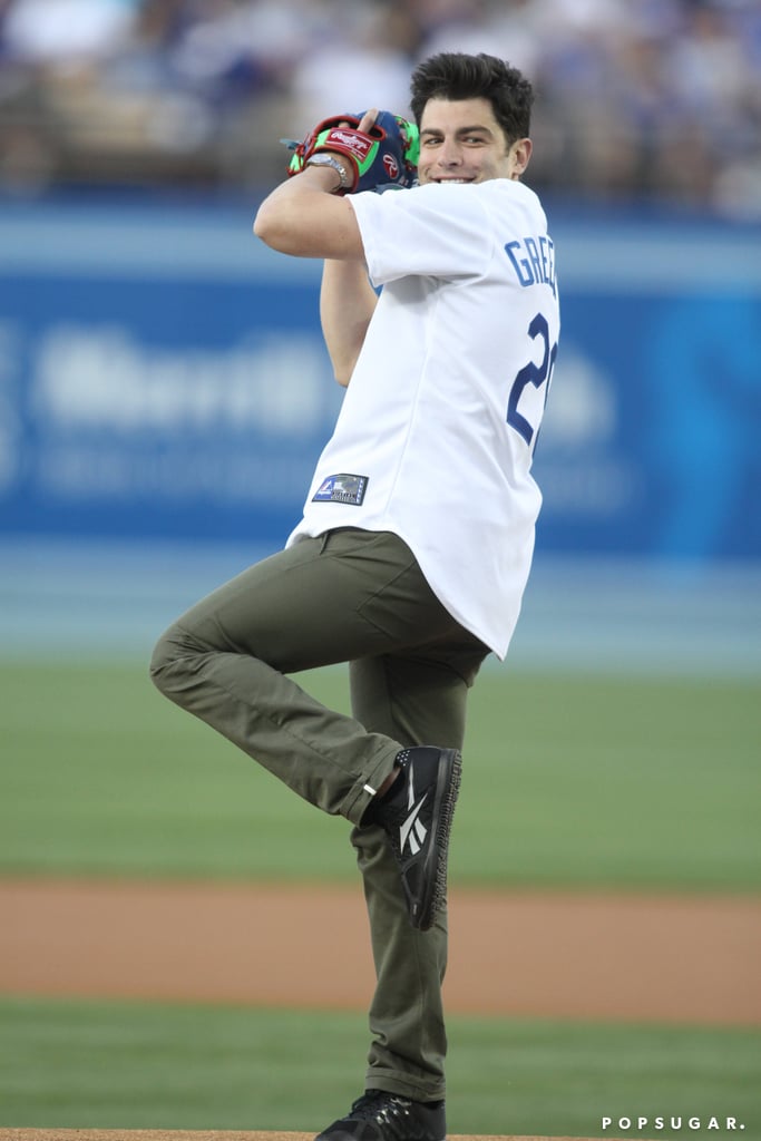 In April 2014, Max Greenfield threw the first pitch at a Dodgers game in LA.