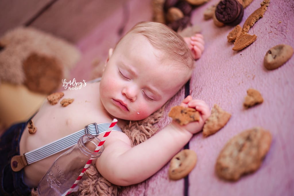 Photos of Baby Asleep During Milk and Cookies Birthday Shoot