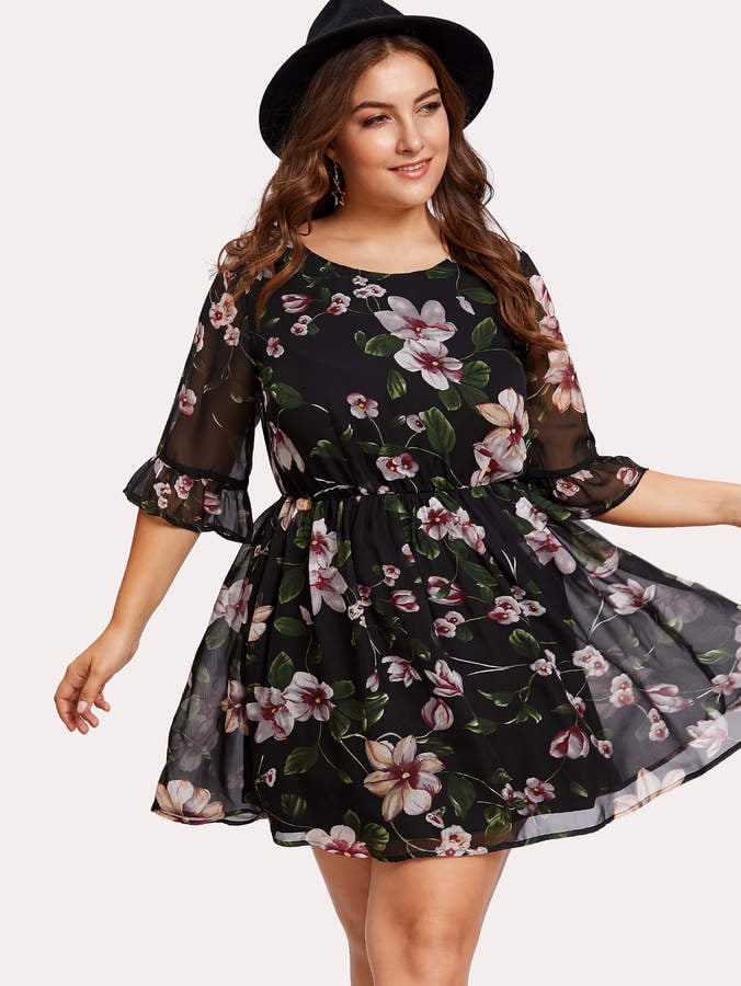 Romwe Trumpet Sleeve Floral Dress