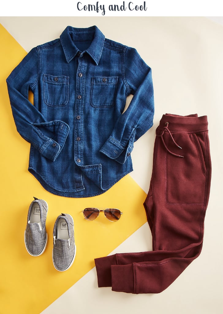 The button-down Buffalo plaid denim shirt ($34.95) tops fleece joggers ($29.95) for the perfect put-together, easy look that goes from classroom to playground. Add solid slip-on sneakers ($34.95) and a signature pair of shades ($14.95) for just the right vibe.
Confidence-boosting tip: Give your kids a few regular chores. The feeling of being useful and valuable within the family adds to their self-worth.