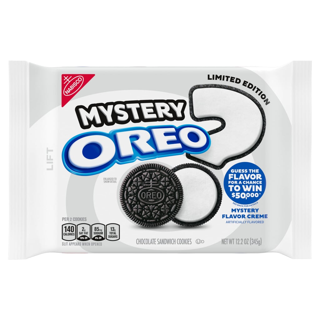 Nabisco is bringing back Mystery-Flavored Oreos, and I now have a new excuse to load my shopping cart with cookies. The mystifying new Oreo hits shelves nationwide on Sept. 16, and our taste buds are ready for the challenge! 
Oreo has gone all out on new flavors this year, including Maple Creme Oreos, Marshmallow Moon Oreos, Latte-flavored Oreo Thins, and S'mores Oreos, so I already have more than a few guesses myself. Personally, I'd love to see coconut-cream-pie-flavored Oreos. What about Lucky Charms Oreos? Toffee Oreos? Sea salt caramel Oreos???
Three packs of the Mystery Oreos will be released featuring one different hint per pack, and the first clue is the flavor itself. Through Nov. 10, you can submit your flavor guesses to www.MysteryOREO.com for a chance to win $50,000 — that's a lot of Oreos! Every correct guess is counted as an official entry to the sweepstakes, and one person will be randomly selected to receive the grand prize. Considering that the 2017 Mystery Oreos turned out to have the super familiar flavor of Fruity Pebbles, I feel like we've got this one in the bag, fellow cookie-lovers.
Related:
Starbucks Secret Menu Drink: Cookies and Cream Frappuccino
