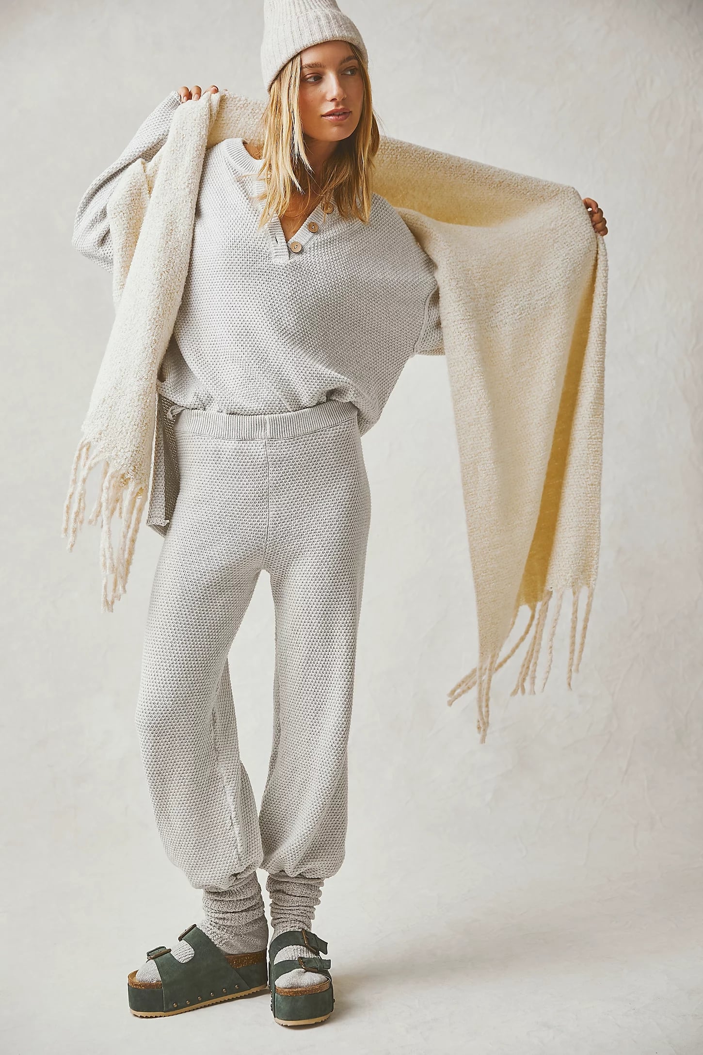 Cream Knitted 3-Piece Loungewear Set | SilkFred US