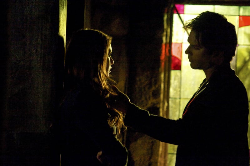 Elena (Nina Dobrev) and Damon share a weird moment.