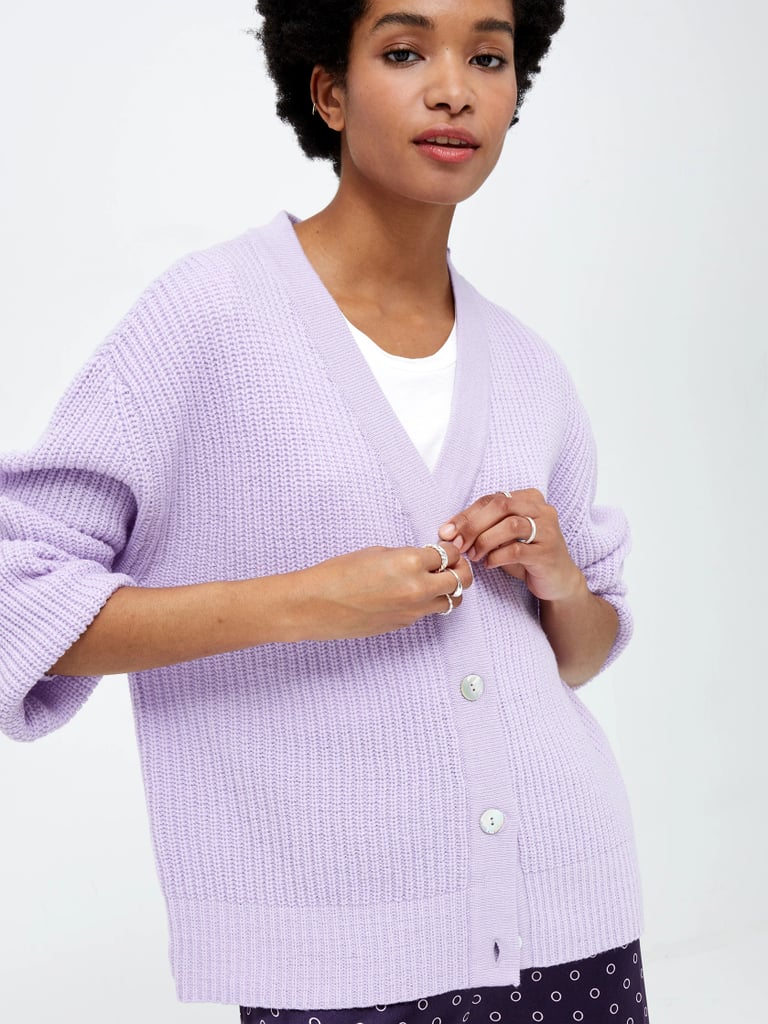 OMNES Eva Knitted Merino Wool Blouson Sleeve Cardigan in Lilac