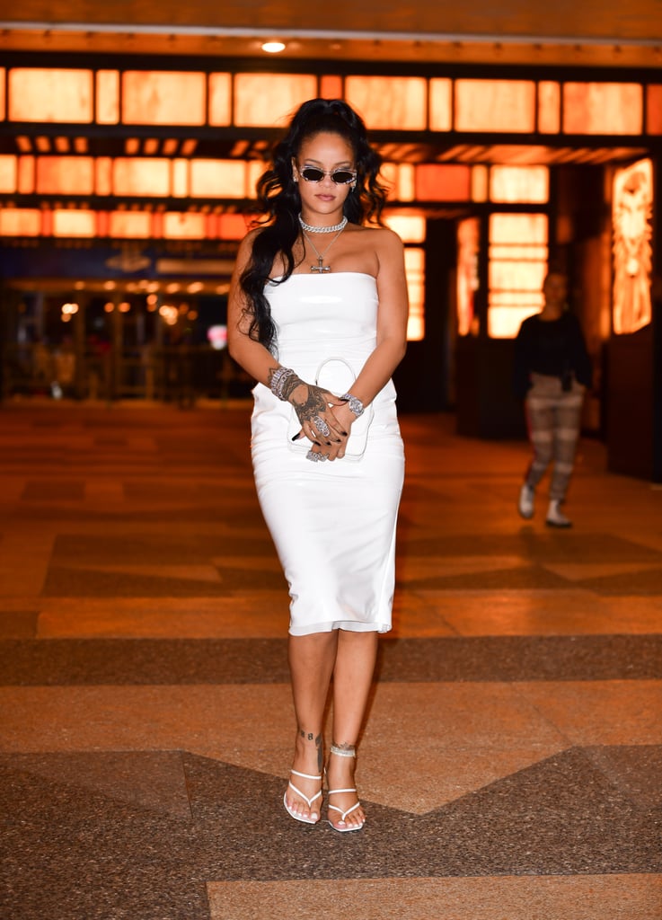 Rihanna's White Alex Perry Dress Fenty Sandals October 2019