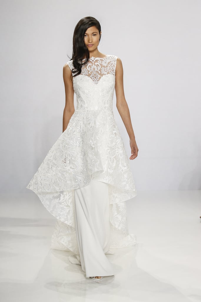 Lace overlay column gown.